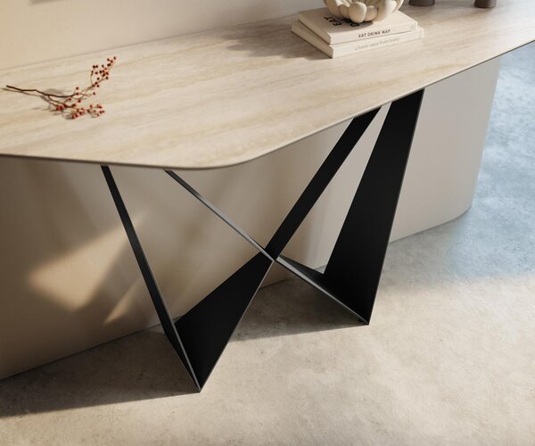 DELIFE Konzolový stolík Edge polygonálny 140×50 cm keramika Laminam® Travertino Bianco krémovo biela Spios kov čierna