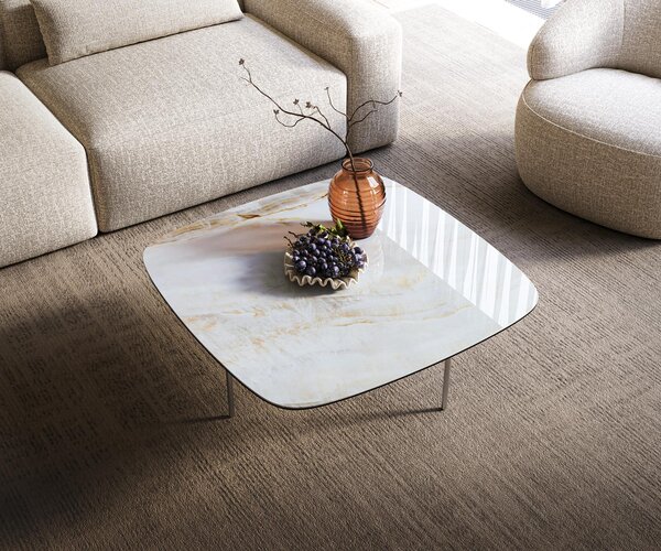 DELIFE Konferenčný stolík Edge zaoblený tvar 90×90 cm keramika onyx perleť Trive nerezová oceľ kefovaná