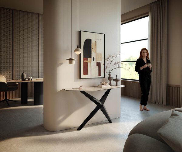 DELIFE Konzolový stolík Edge polygonálny 140×50 cm keramika Laminam® Travertino Bianco krémovo biela Zentharo kov čierna