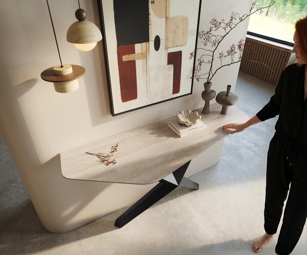 DELIFE Konzolový stolík Edge polygonálny 140×50 cm keramika Laminam® Travertino Bianco krémovo biela Zentharo kov čierna
