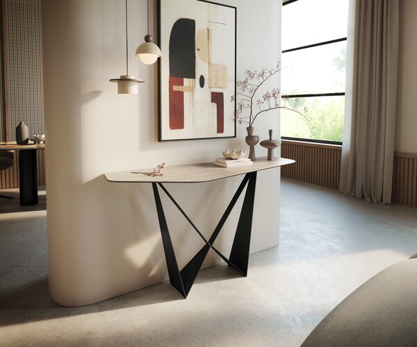 DELIFE Konzolový stolík Edge polygonálny 140×50 cm keramika Laminam® Travertino Bianco krémovo biela Spios kov čierna