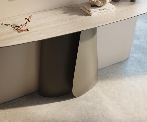 DELIFE Konzolový stolík Edge zaoblený 140×40 cm keramika Laminam® Travertino Bianco krémovo biela Livos kov titánová farba