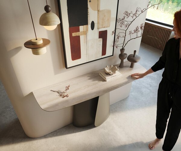 DELIFE Konzolový stolík Edge zaoblený 140×40 cm keramika Laminam® Travertino Bianco krémovo biela Livos kov titánová farba