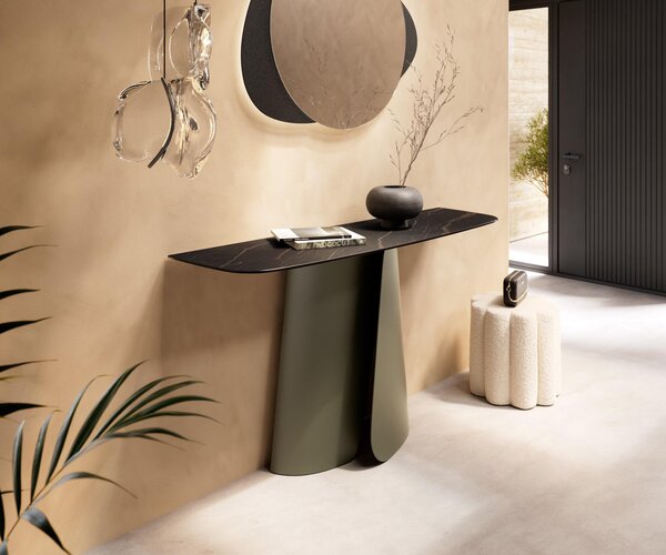 DELIFE Konzolový stolík Edge zaoblený 140×40 cm keramika Laminam® Noir Desir hnedá Livos kov titánová farba