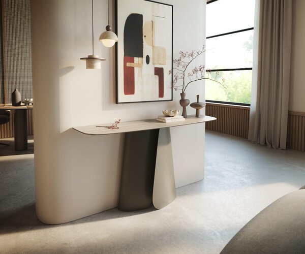 DELIFE Konzolový stolík Edge zaoblený 140×40 cm keramika Laminam® Travertino Bianco krémovo biela Livos kov titánová farba