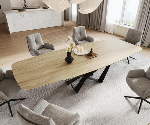 DELIFE Jedálenský stôl Edge zaoblený tvar 200-300×120 cm keramika Laminam® sabbia dubová farba pavúk plochá oceľ čierna rozkladací