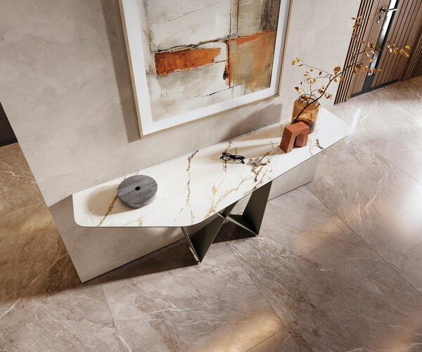 DELIFE Konzolový stolík Edge polygonálny 180×50 cm keramika Calacatta Luxe bielo-zlato-šedá Spios kov titánová farba