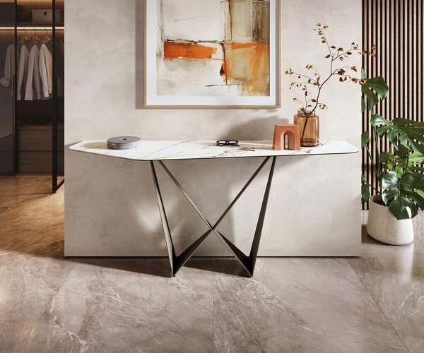 DELIFE Konzolový stolík Edge polygonálny 180×50 cm keramika Calacatta Luxe bielo-zlato-šedá Spios kov titánová farba