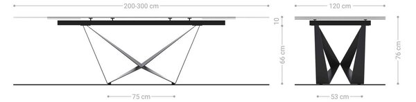 DELIFE Jedálenský stôl Edge zaoblený tvar 200-300×120 cm keramika Laminam® sabbia dubová farba pavúk plochá nerezová oceľ grafit rozkladací