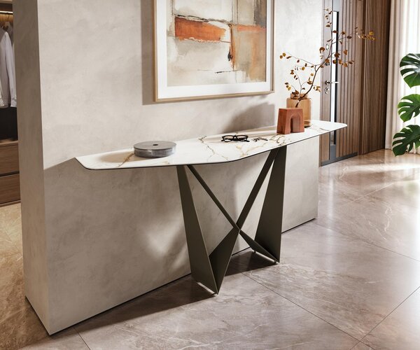 DELIFE Konzolový stolík Edge polygonálny 180×50 cm keramika Calacatta Luxe bielo-zlato-šedá Spios kov titánová farba