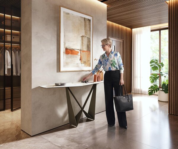 DELIFE Konzolový stolík Edge polygonálny 180×50 cm keramika Calacatta Luxe bielo-zlato-šedá Spios kov titánová farba