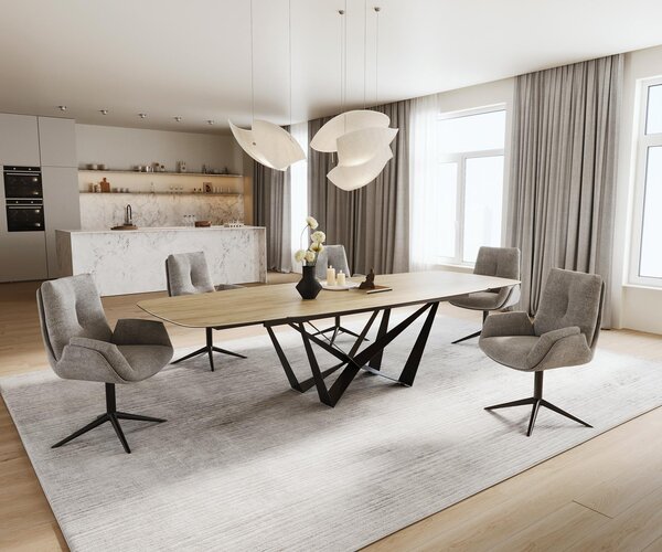 DELIFE Jedálenský stôl Edge zaoblený tvar 200-300×120 cm keramika Laminam® sabbia dubová farba pavúk plochá oceľ čierna rozkladací