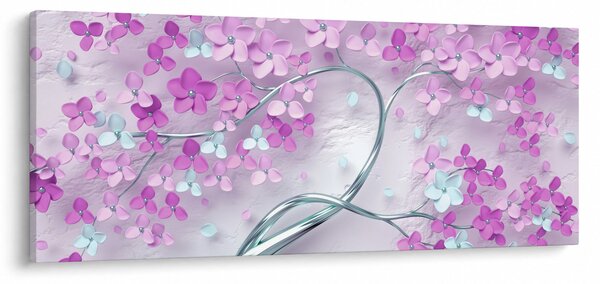 Obraz kvetov na striebornom kmeni - abstrakt (120x50 cm)