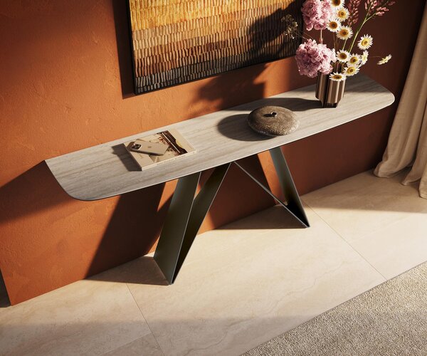 DELIFE Konzolový stolík Edge zaoblený 180×40 cm keramika Laminam® Travertino Bianco krémovo biela Velio kov titánová farba