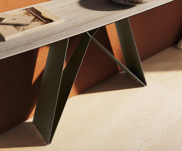 DELIFE Konzolový stolík Edge zaoblený 180×40 cm keramika Laminam® Travertino Bianco krémovo biela Velio kov titánová farba