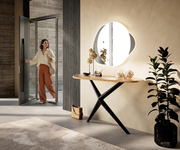 DELIFE Konzolový stolík Nagaru 145×65 cm polygonálny akácia aura kov čierna