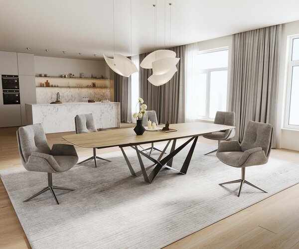 DELIFE Jedálenský stôl Edge zaoblený tvar 200-300×120 cm keramika Laminam® sabbia dubová farba pavúk plochá nerezová oceľ grafit rozkladací