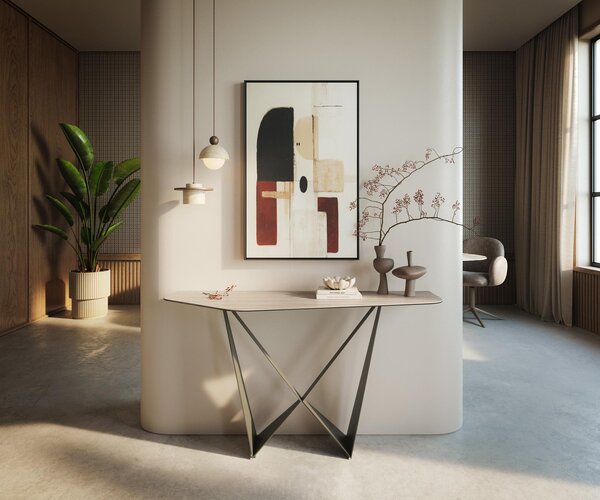 DELIFE Konzolový stolík Edge polygonálny 140×50 cm keramika Laminam® Travertino Bianco krémovo biela Spios kov titánová farba efekt
