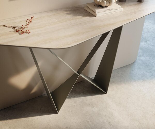 DELIFE Konzolový stolík Edge polygonálny 140×50 cm keramika Laminam® Travertino Bianco krémovo biela Spios kov titánová farba efekt