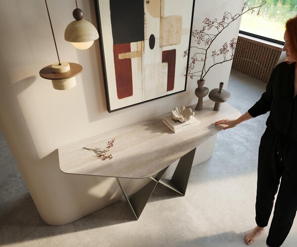 DELIFE Konzolový stolík Edge polygonálny 140×50 cm keramika Laminam® Travertino Bianco krémovo biela Spios kov titánová farba efekt