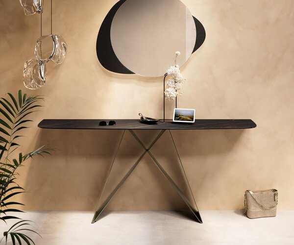DELIFE Konzolový stolík Edge zaoblený tvar 180×40 cm keramika Laminam® Noir Desir hnedá Velio kov titánová farba