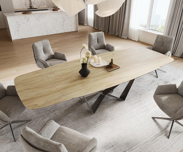 DELIFE Jedálenský stôl Edge zaoblený tvar 200-300×120 cm keramika Laminam® sabbia dubová farba pavúk plochá nerezová oceľ grafit rozkladací