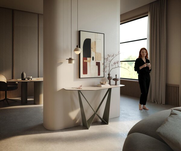 DELIFE Konzolový stolík Edge polygonálny 140×50 cm keramika Laminam® Travertino Bianco krémovo biela Spios kov titánová farba efekt