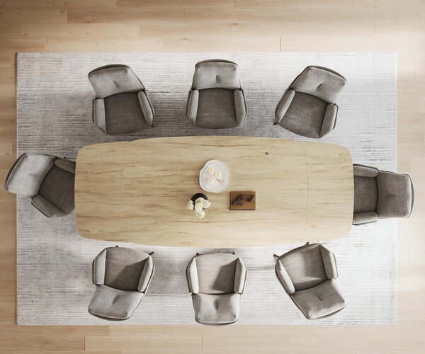DELIFE Jedálenský stôl Edge zaoblený tvar 200-300×120 cm keramika Laminam® sabbia dubová farba pavúk plochá nerezová oceľ grafit rozkladací