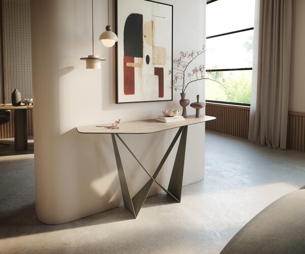 DELIFE Konzolový stolík Edge polygonálny 140×50 cm keramika Laminam® Travertino Bianco krémovo biela Spios kov titánová farba efekt