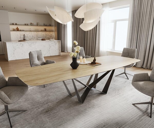 DELIFE Jedálenský stôl Edge zaoblený tvar 200-300×120 cm keramika Laminam® sabbia dubová farba pavúk plochá nerezová oceľ grafit rozkladací
