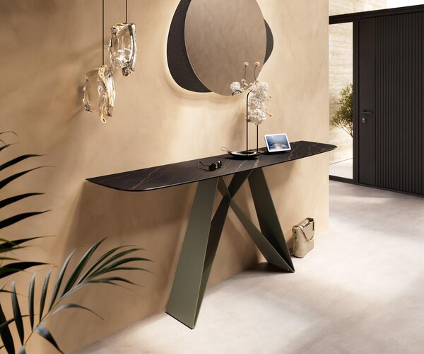 DELIFE Konzolový stolík Edge zaoblený tvar 180×40 cm keramika Laminam® Noir Desir hnedá Velio kov titánová farba