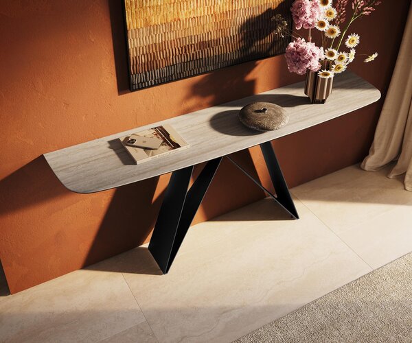 DELIFE Konzolový stolík Edge zaoblený 180×40 cm keramika Laminam® Travertino Bianco krémovo biela Velio kov čierna