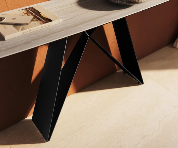 DELIFE Konzolový stolík Edge zaoblený 180×40 cm keramika Laminam® Travertino Bianco krémovo biela Velio kov čierna