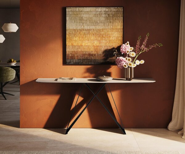 DELIFE Konzolový stolík Edge zaoblený 180×40 cm keramika Laminam® Travertino Bianco krémovo biela Velio kov čierna