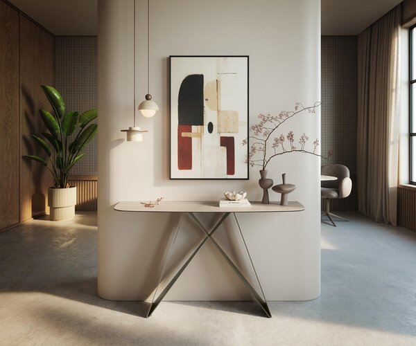 DELIFE Konzolový stolík Edge zaoblený 140×40 cm keramika Laminam® Travertino Bianco krémovo biela Velio kov titánová farba