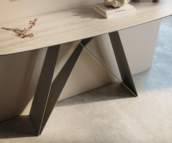 DELIFE Konzolový stolík Edge zaoblený 140×40 cm keramika Laminam® Travertino Bianco krémovo biela Velio kov titánová farba