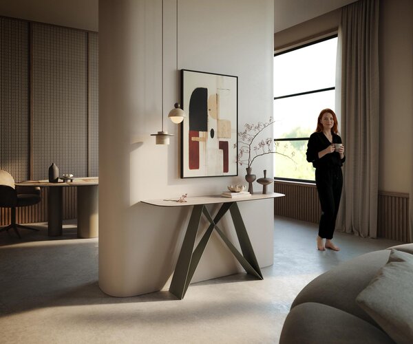 DELIFE Konzolový stolík Edge zaoblený 140×40 cm keramika Laminam® Travertino Bianco krémovo biela Velio kov titánová farba
