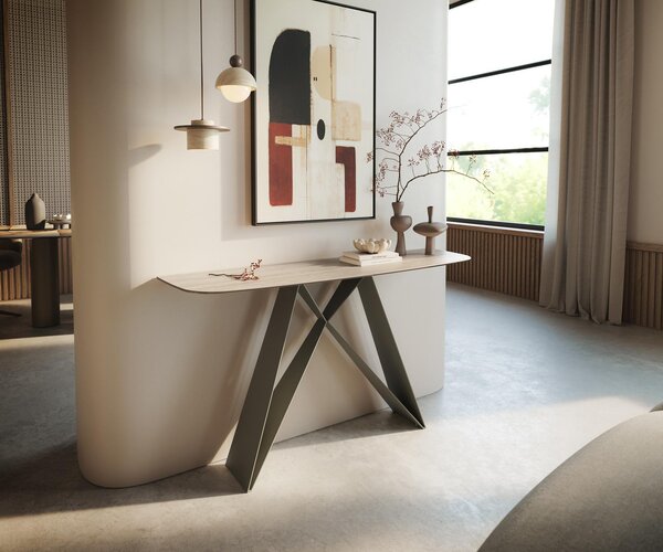 DELIFE Konzolový stolík Edge zaoblený 140×40 cm keramika Laminam® Travertino Bianco krémovo biela Velio kov titánová farba