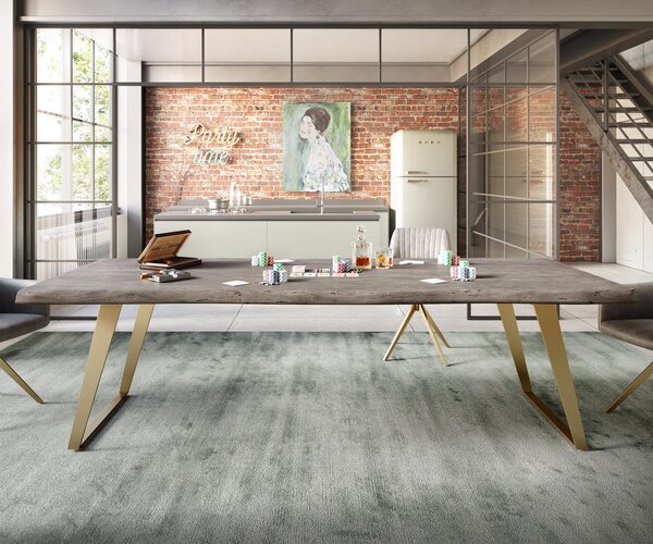 DELIFE Jedálenský stôl Edge 260x100 XL akácia platinová nerezová oceľ zlatá skosený Live-Edge