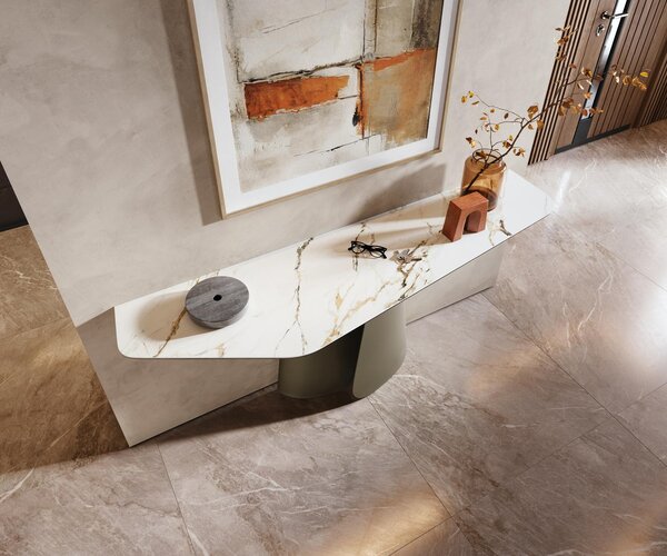 DELIFE Konzolový stolík Edge polygonálny 180×50 cm keramika Calacatta Luxe bielo-zlato-šedá Livos kov titánová farba