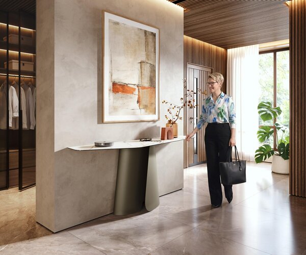 DELIFE Konzolový stolík Edge polygonálny 180×50 cm keramika Calacatta Luxe bielo-zlato-šedá Livos kov titánová farba