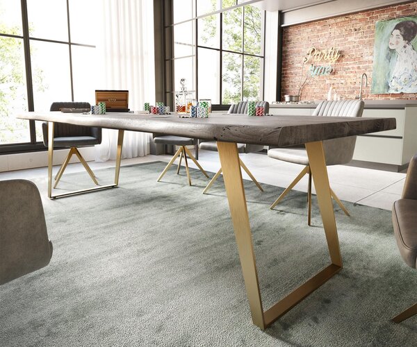 DELIFE Jedálenský stôl Edge 260x100 XL akácia platinová nerezová oceľ zlatá skosený Live-Edge