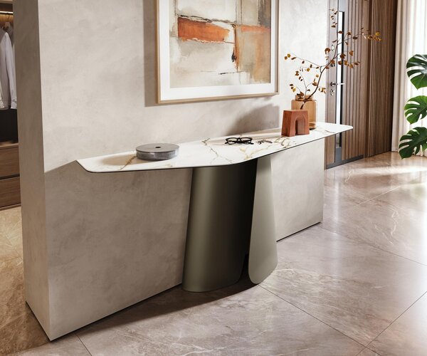 DELIFE Konzolový stolík Edge polygonálny 180×50 cm keramika Calacatta Luxe bielo-zlato-šedá Livos kov titánová farba