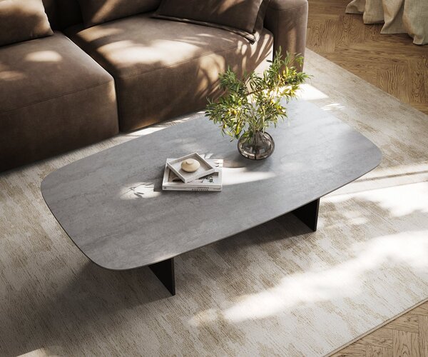 DELIFE Konferenčný stolík Edge zaoblený tvar 140×80 cm keramika betónová sivá Salto kov čierna