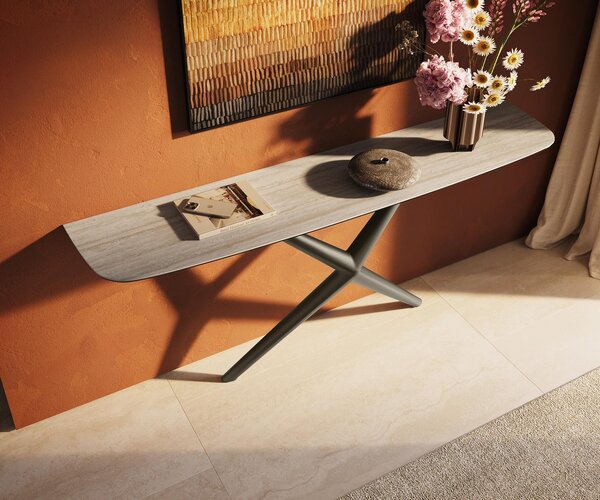 DELIFE Konzolový stolík Edge zaoblený 180×40 cm keramika Laminam® Travertino Bianco krémovo biela Estelo kov titánová farba
