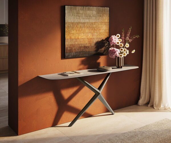 DELIFE Konzolový stolík Edge zaoblený 180×40 cm keramika Laminam® Travertino Bianco krémovo biela Estelo kov titánová farba