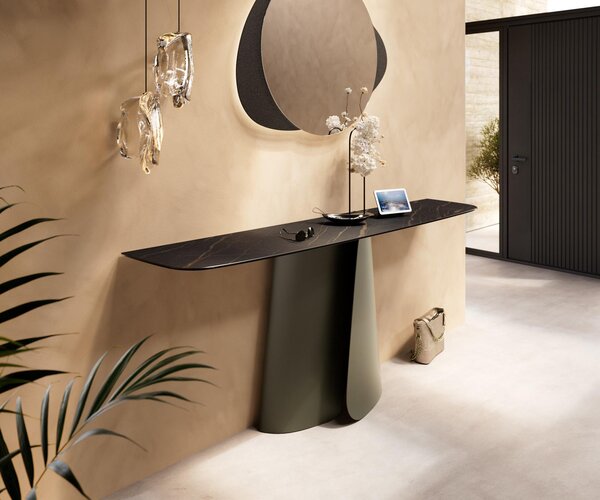 DELIFE Konzolový stolík Edge zaoblený 180×40 cm keramika Laminam® Noir Desir hnedá Livos kov titánová farba efekt