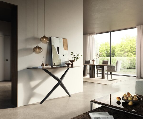 DELIFE Konzolový stolík Edge zaoblený 140×40 cm keramika Emperador Extra Lucidato tmavohnedá Estelo kov čierna