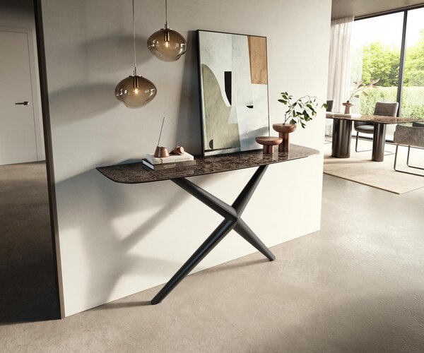 DELIFE Konzolový stolík Edge zaoblený 140×40 cm keramika Emperador Extra Lucidato tmavohnedá Estelo kov čierna