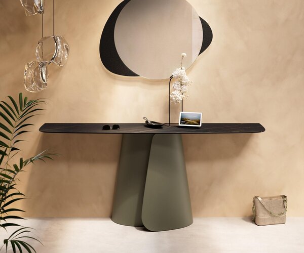 DELIFE Konzolový stolík Edge zaoblený 180×40 cm keramika Laminam® Noir Desir hnedá Livos kov titánová farba efekt
